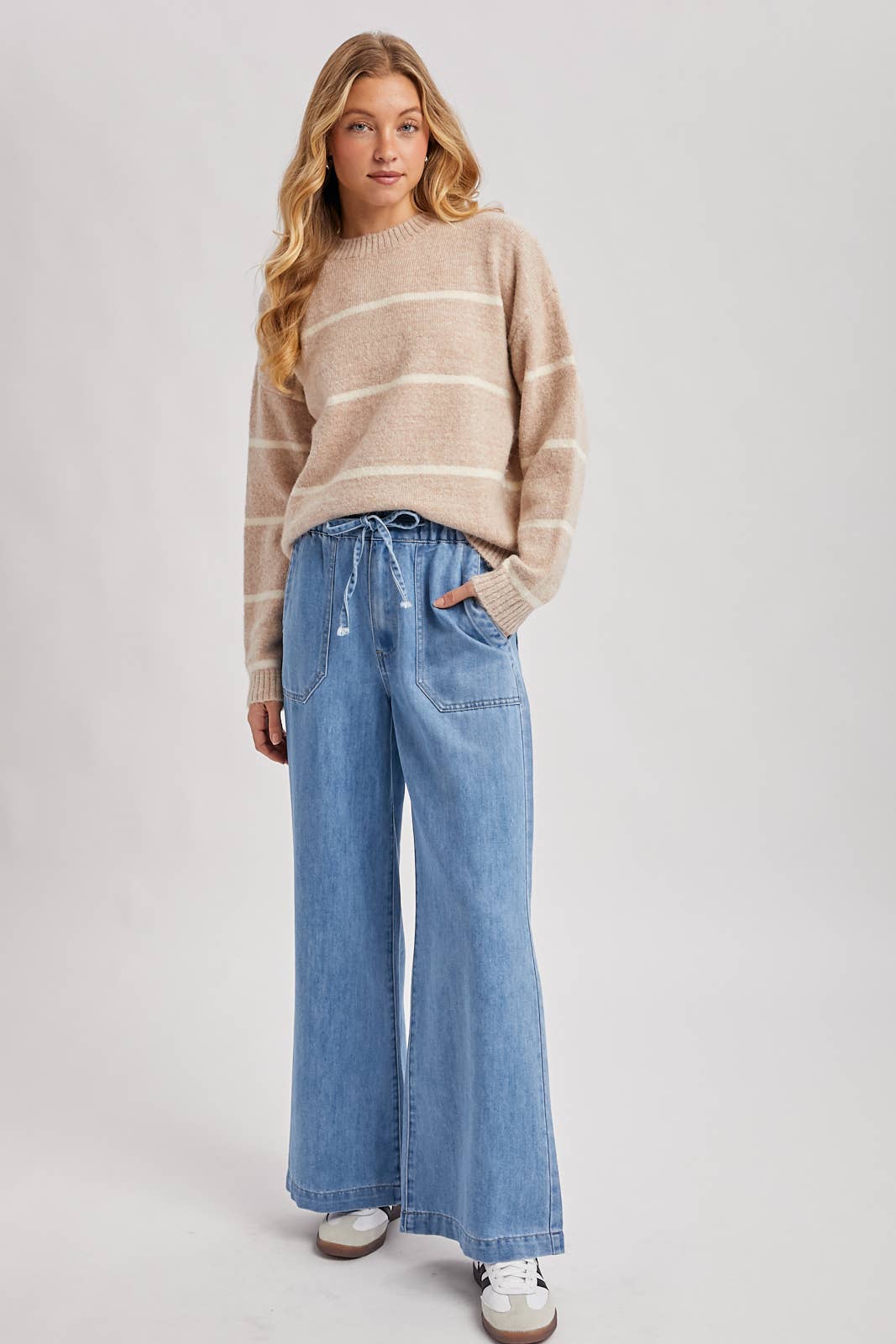 STRIPED FUZZY KNIT SWEATER