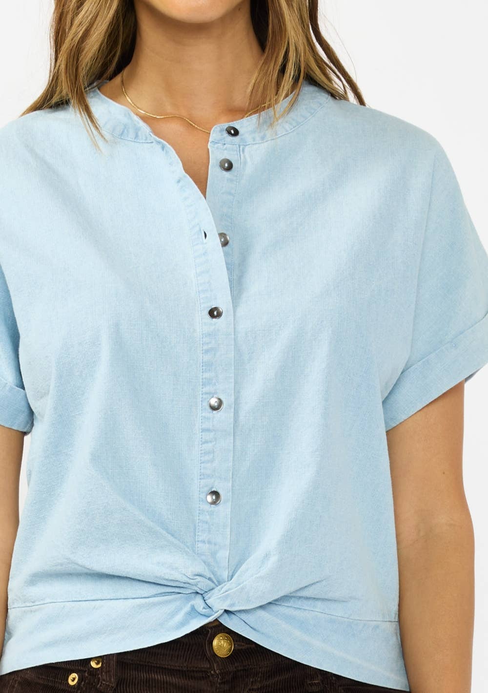 Dropped Shoulder Button-Down Knot Front Top