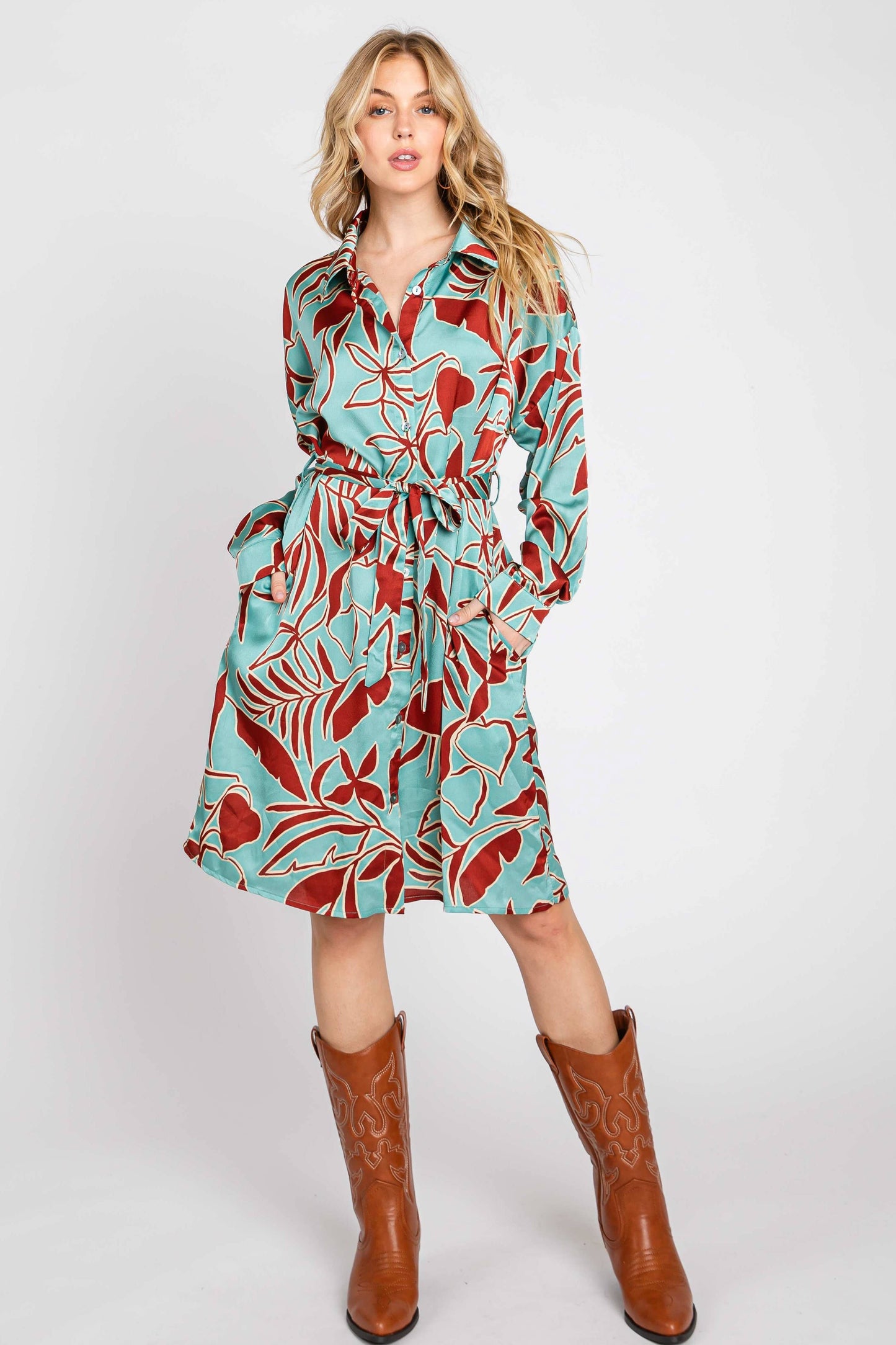 Printed Satin Shirt Dress