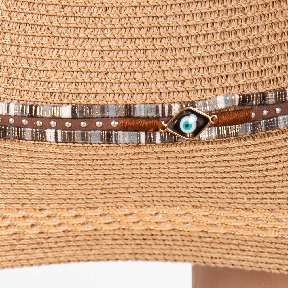Wide Brim Straw Sun Hat with Evil Eye and Multi Design Band