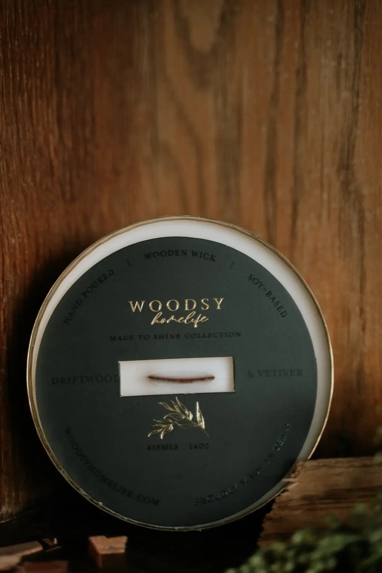 Driftwood & Vetiver-Solid Brass 14oz Pure Soy Candle