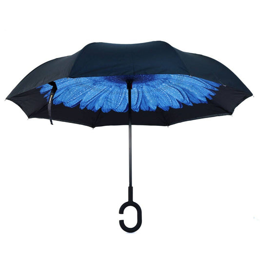 Deep Blue Flower Double Layer Inverted Umbrella