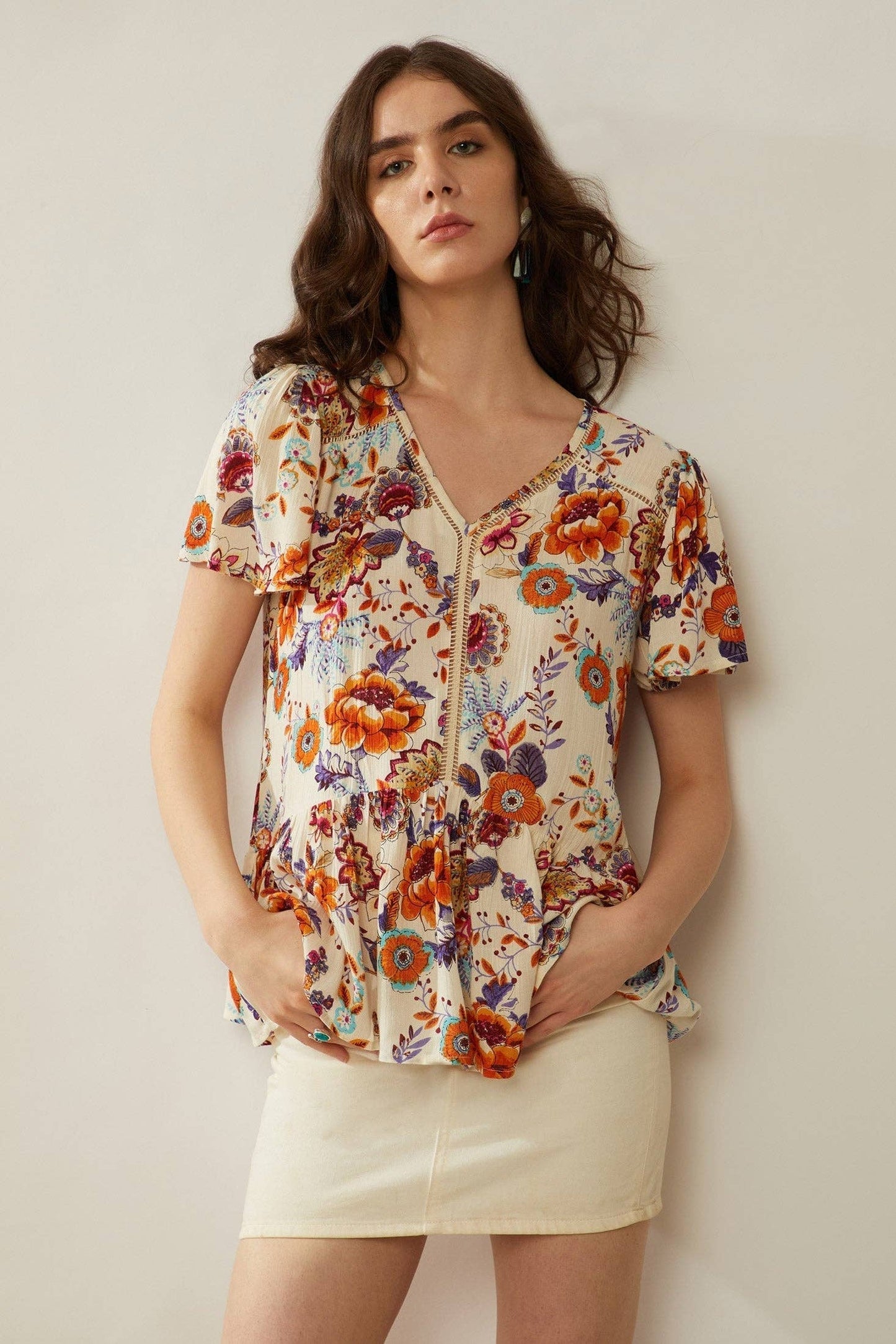 Floral Spree V-Neck Ruffled Top