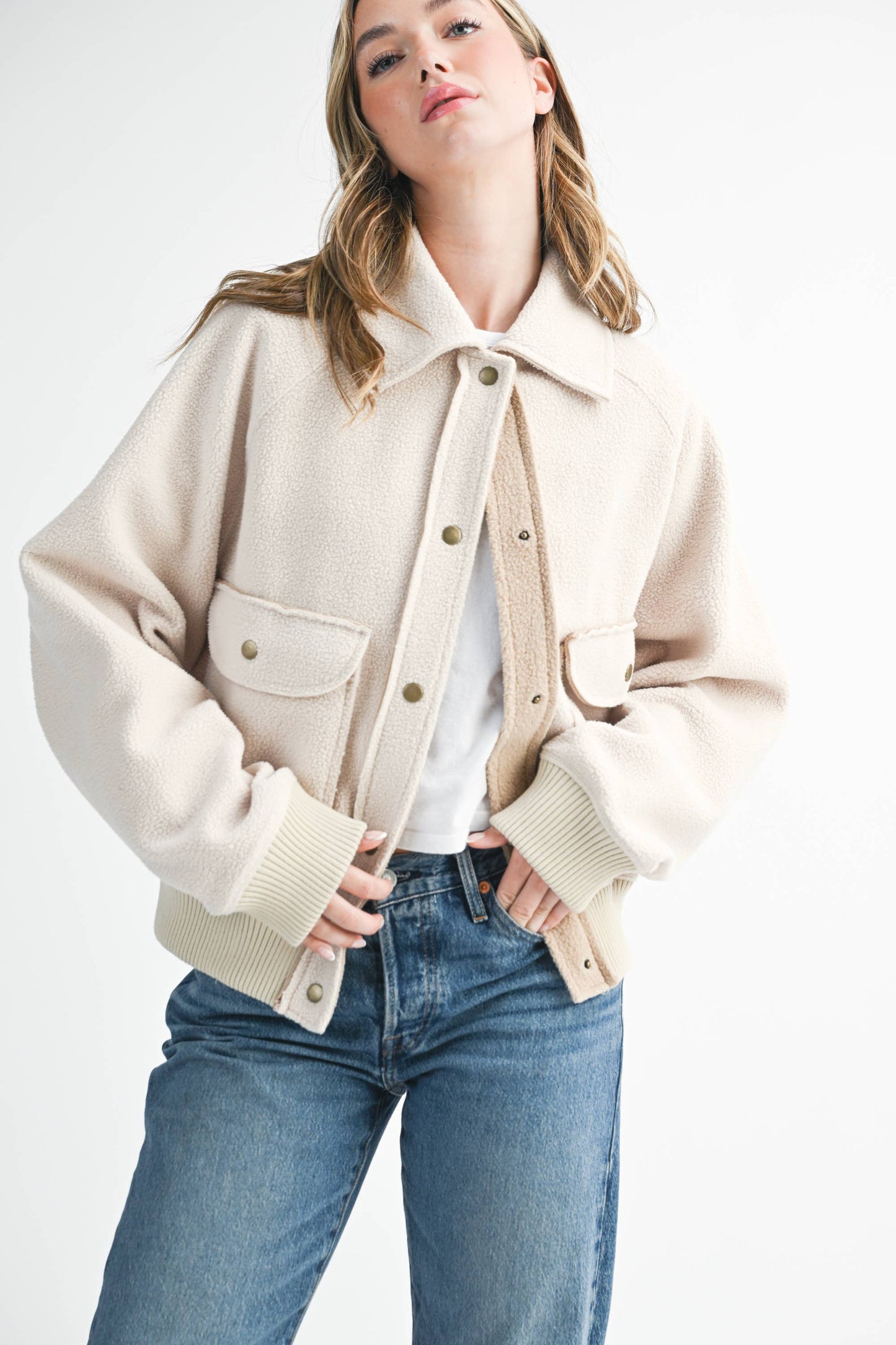 Cropped Button-Up Fleece Jacket