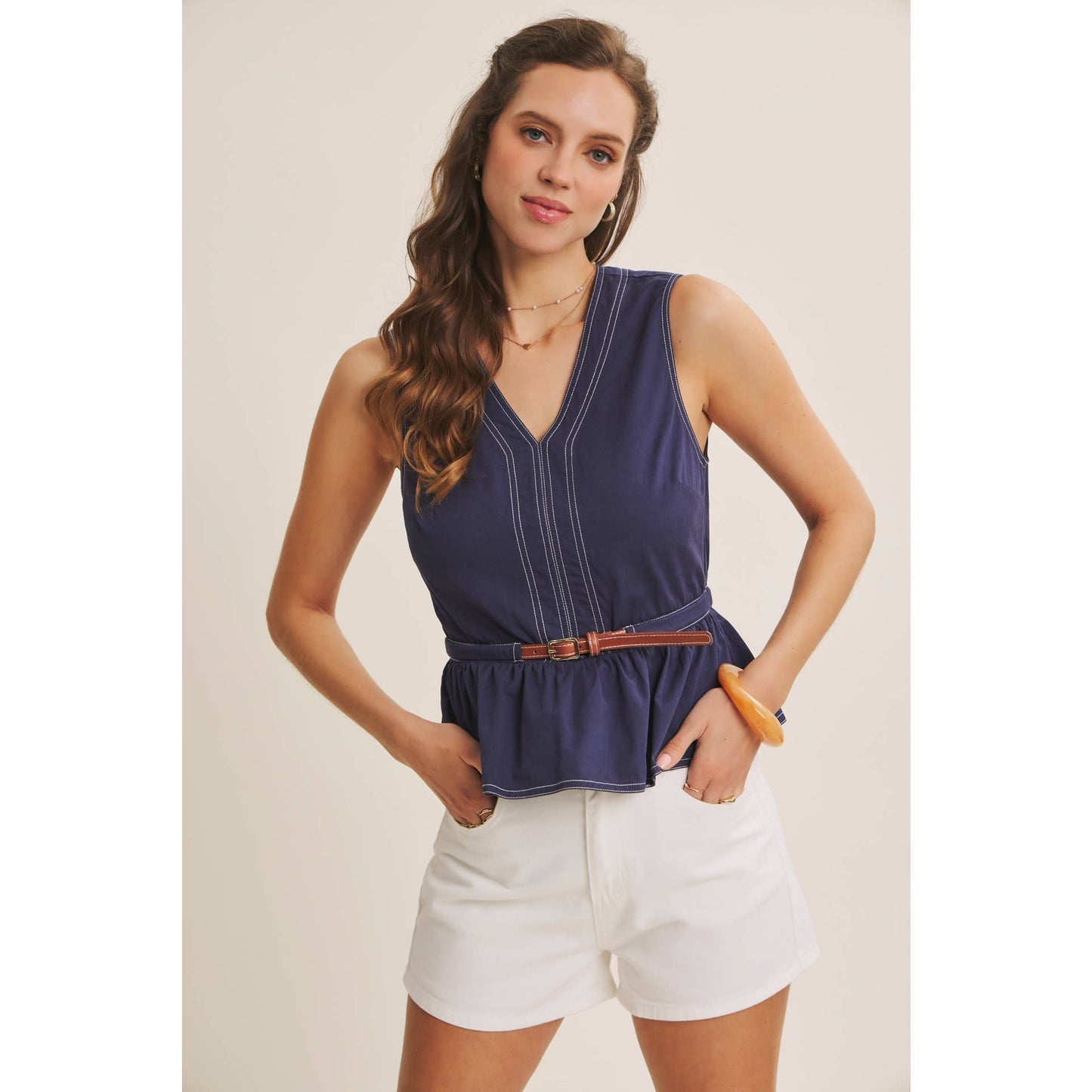 Belted Cotton Top with Contrast Stitching