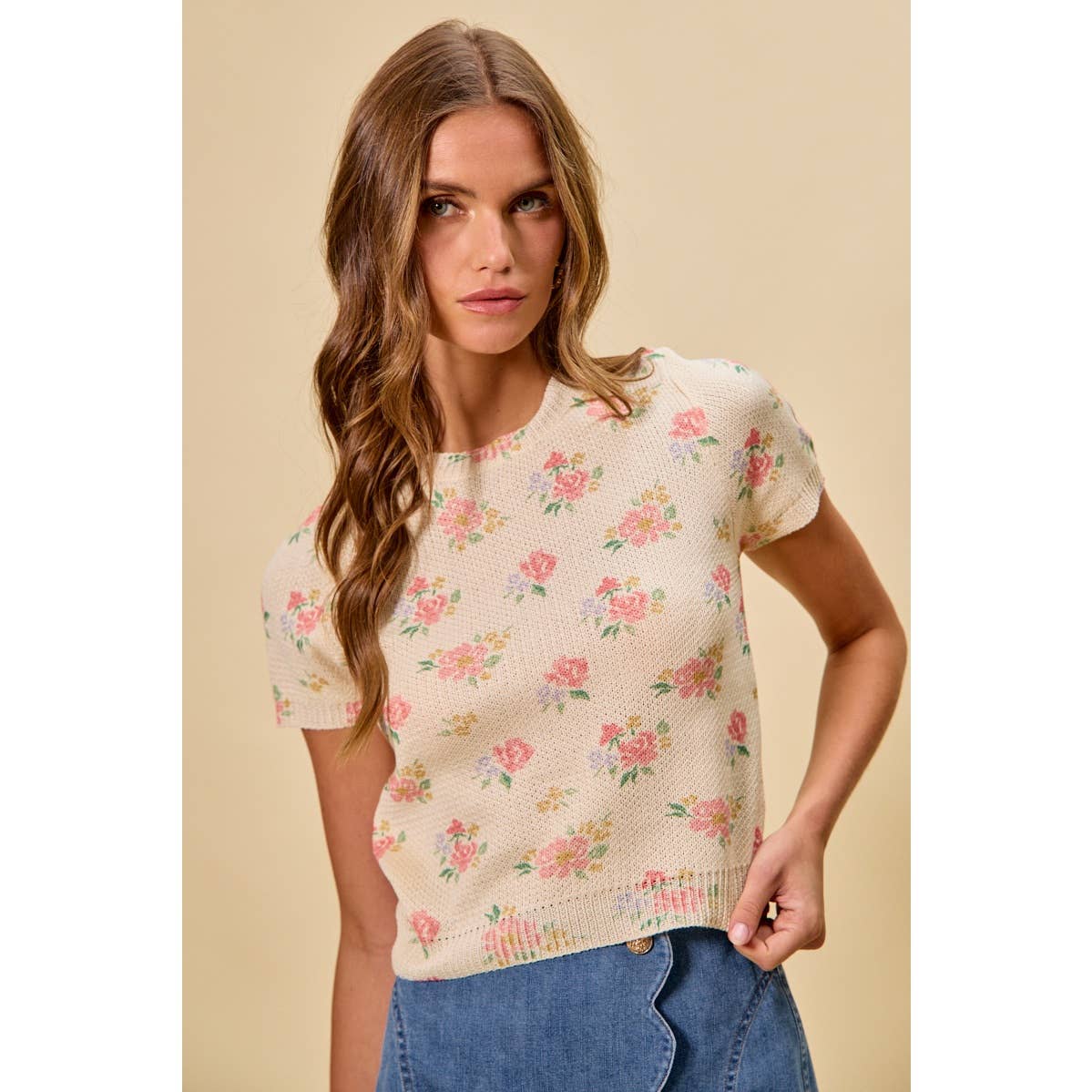 Floral Print Short Sleeve Sweater