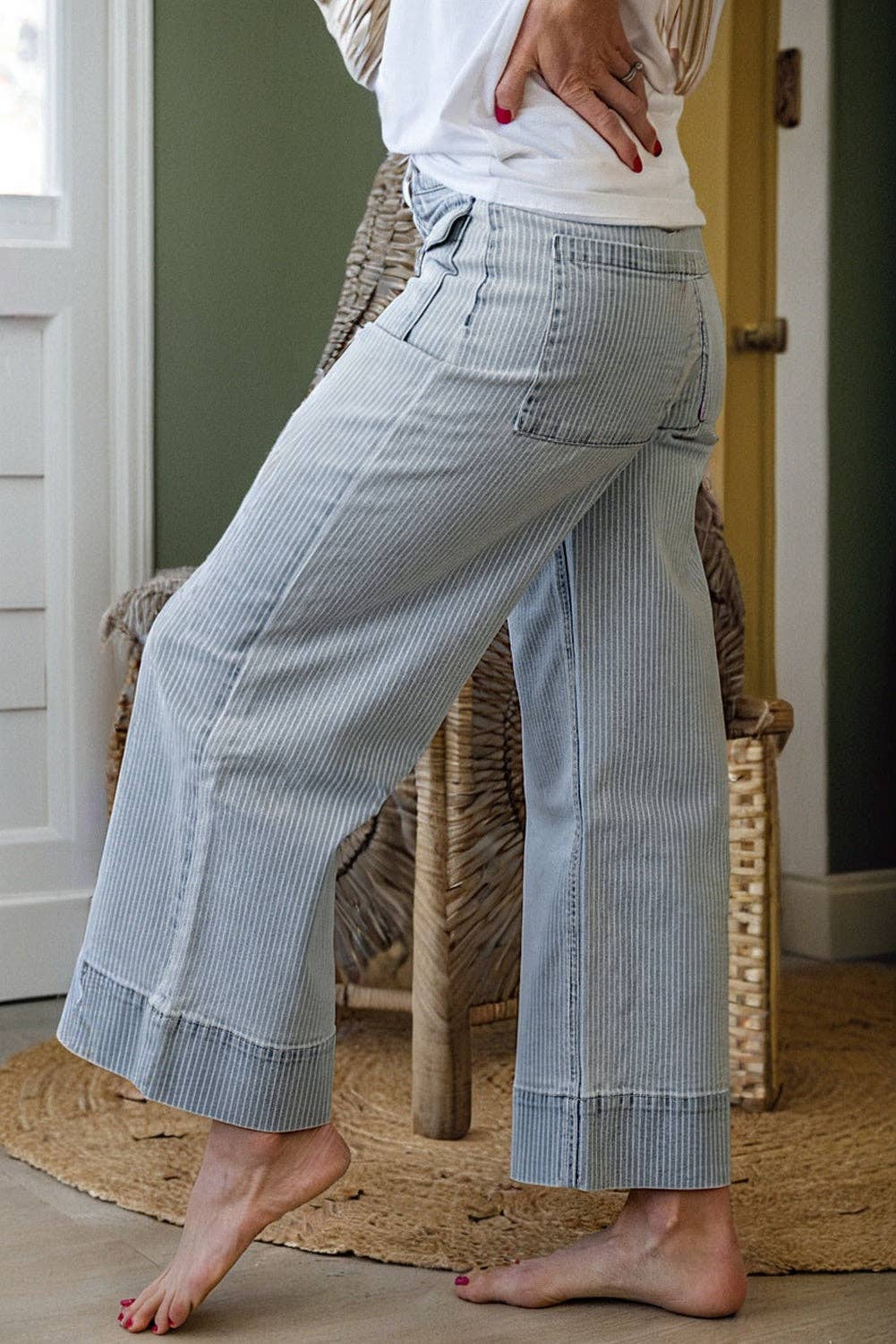 Sky Blue Stripe Cuffed Hem Wide Leg Jeans