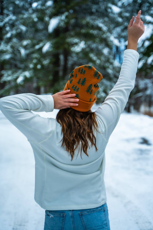Pine Tree Fold Over Beanie - Teal/Honey Brown