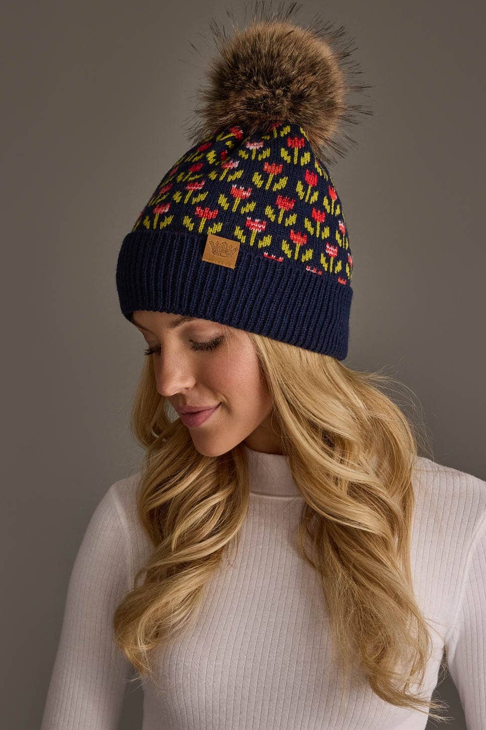 Navy Floral Pattern Knit Pom Hat