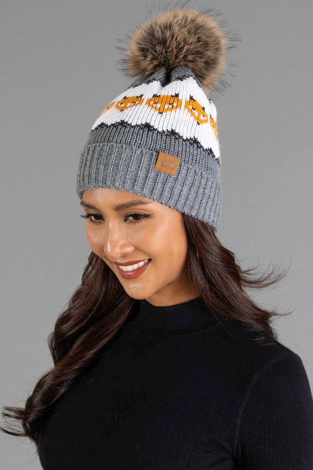 Gray with Orange Fox Pattern Knit Pom Hat