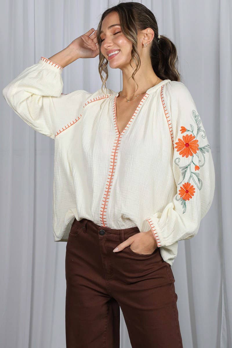 Floral Embroidered Gauze Blouse