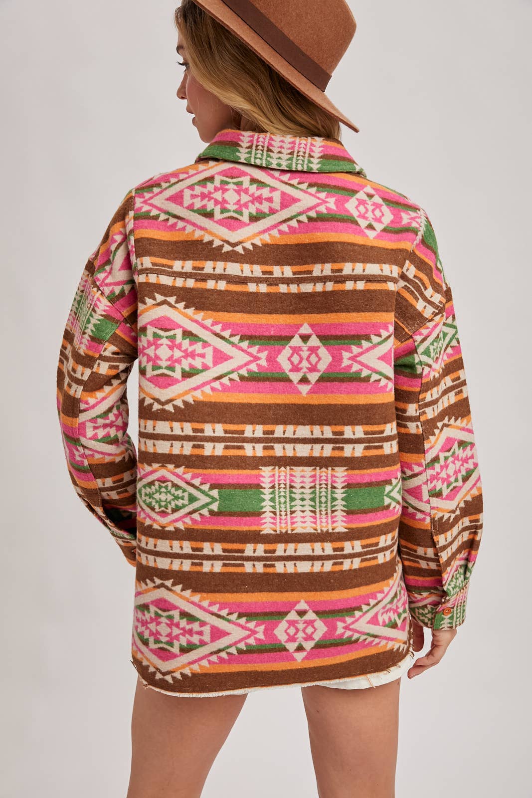 WESTERN GEOMETRIC PRINT HALF-BUTTON DOWN SHACKET PULLOVER