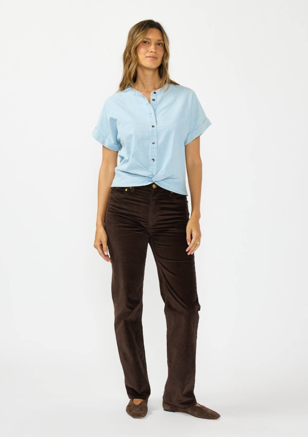 Dropped Shoulder Button-Down Knot Front Top