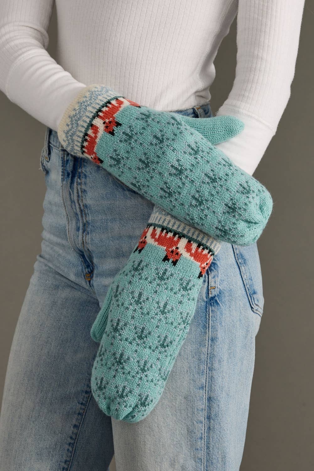 Lt. Blue Fox Pattern Mittens
