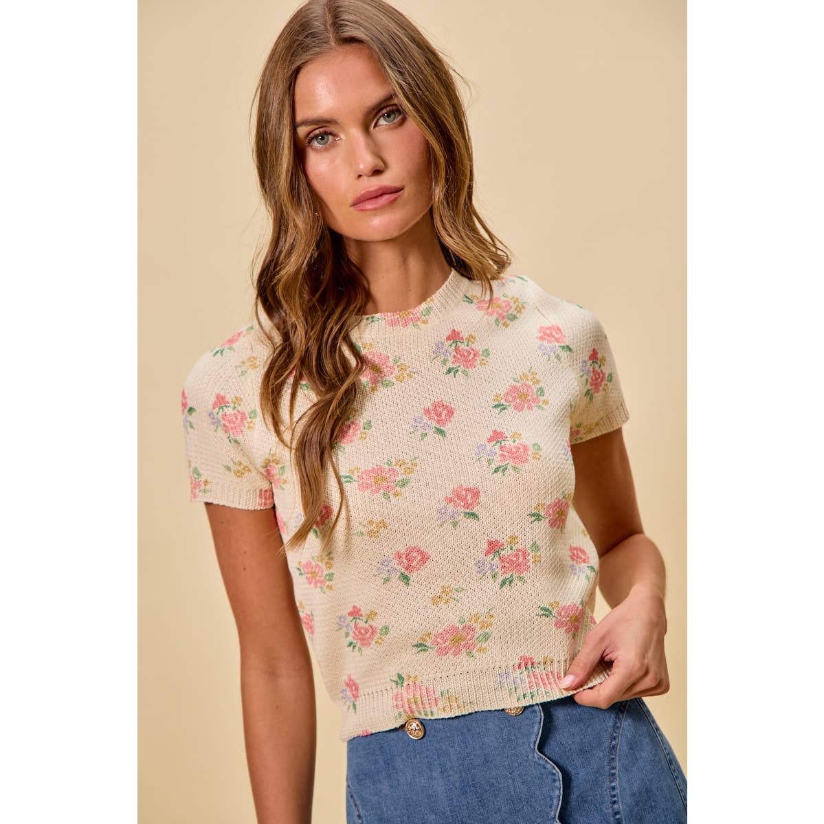 Floral Print Short Sleeve Sweater