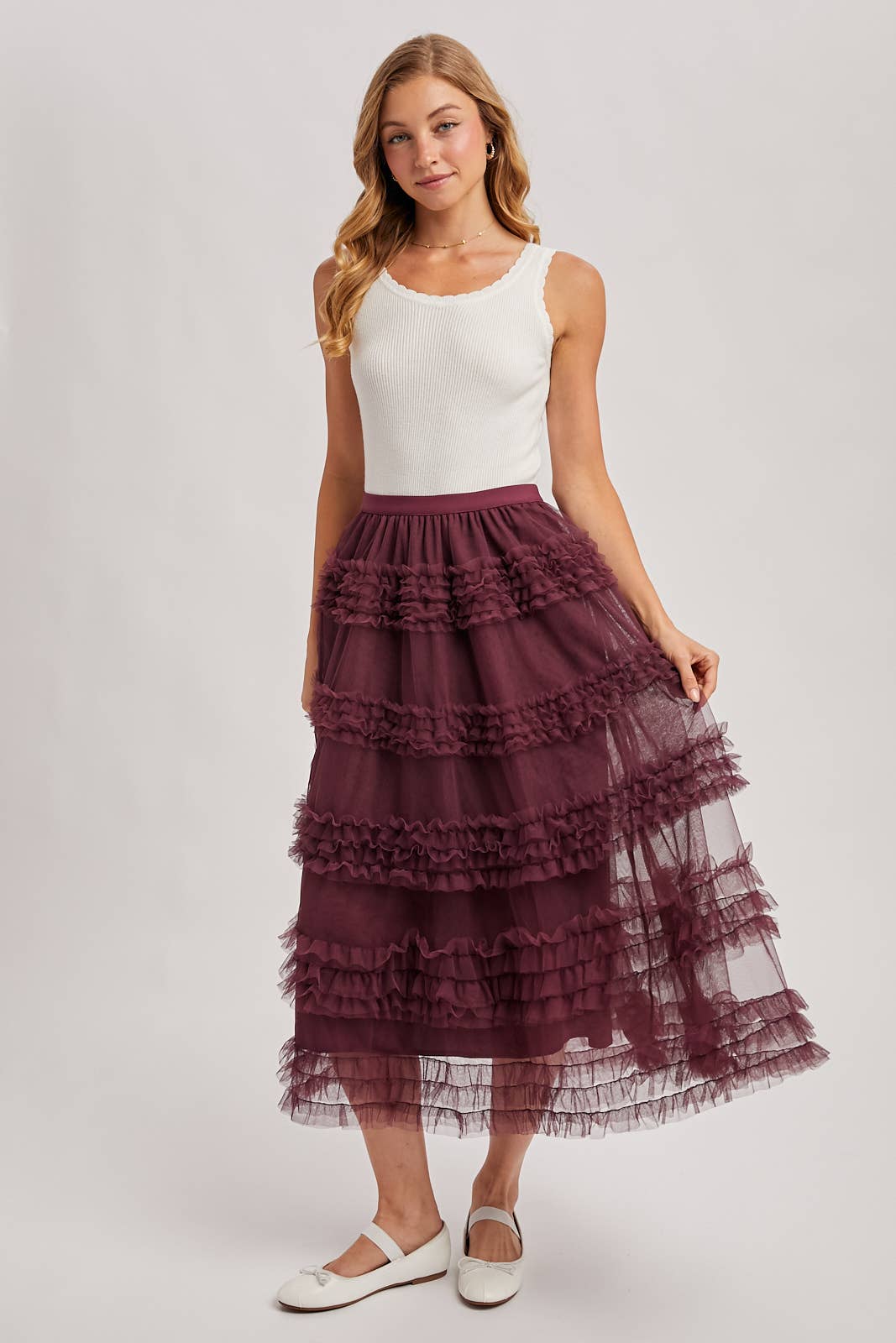 ROMANTIC RUFFLE TIERED TULLE MIDI SKIRT