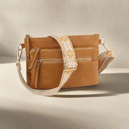 Multi Zip Pocket Women's Crossbody Bag with Guitar Strap