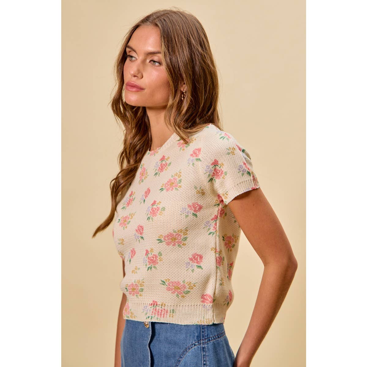 Floral Print Short Sleeve Sweater