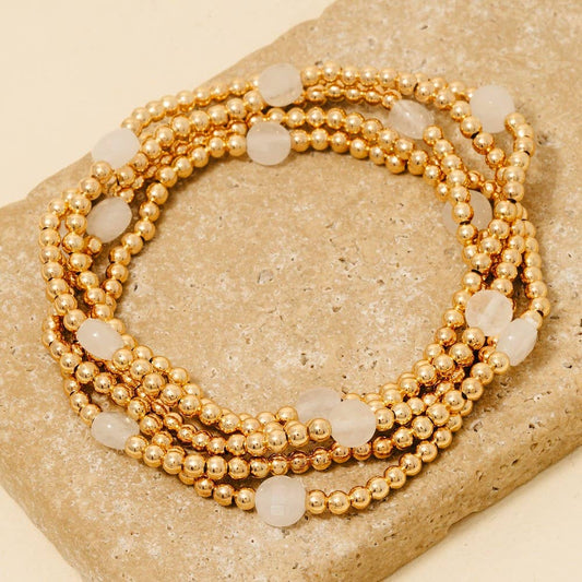 Faceted Station Stone Beads Metallic Beaded Bracelet Set