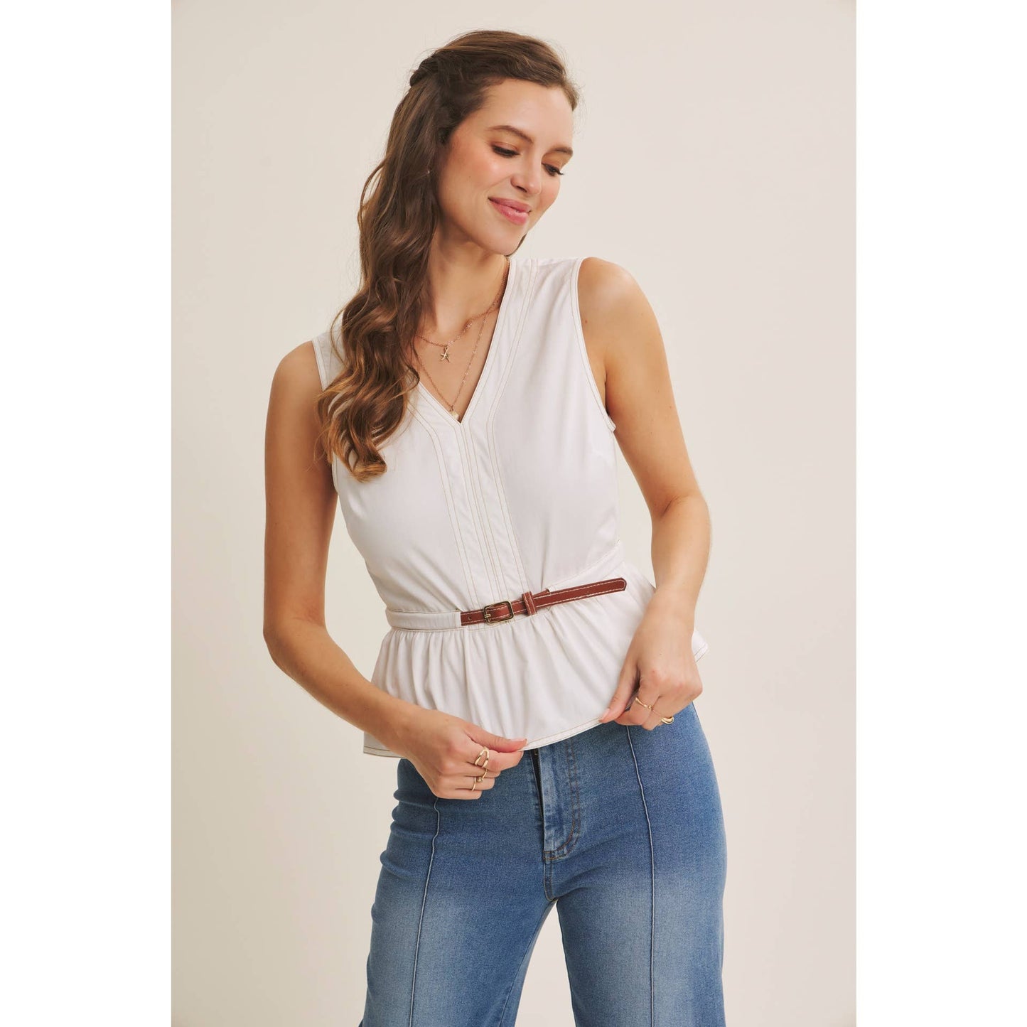 Belted Cotton Top with Contrast Stitching