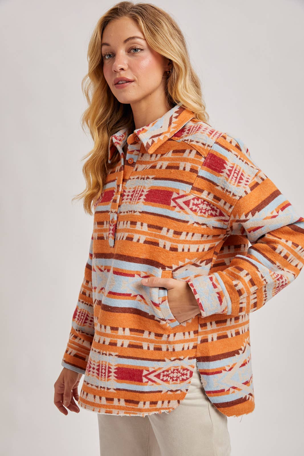 WESTERN GEOMETRIC PRINT HALF-BUTTON DOWN SHACKET PULLOVER