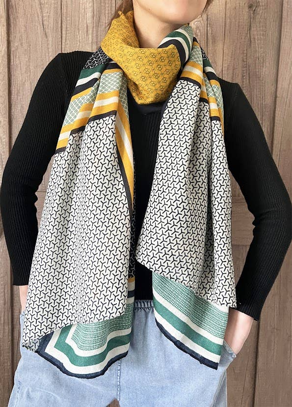 Green Multi Geometric Pattern Cotton-Wool Wrap Scarf