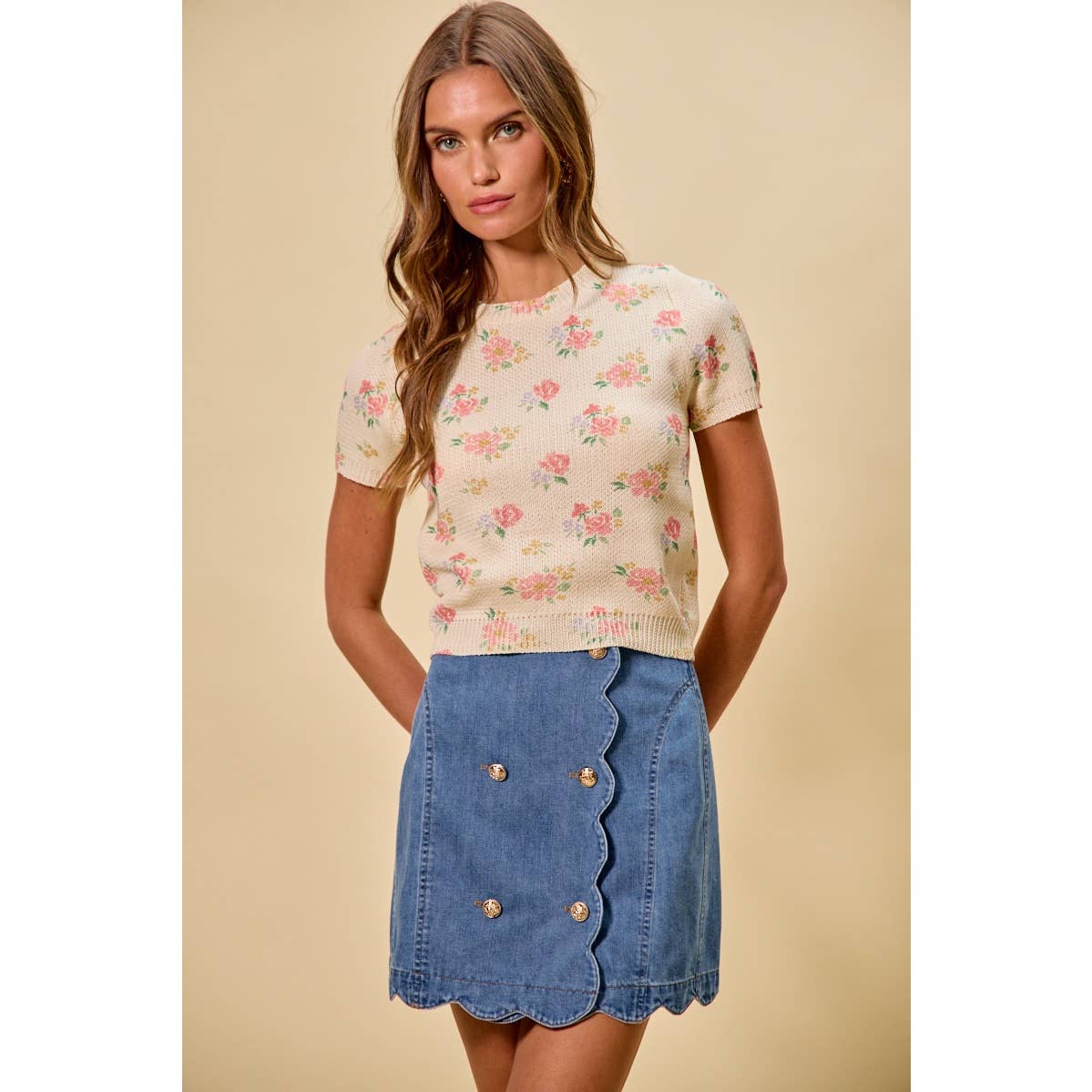 Floral Print Short Sleeve Sweater