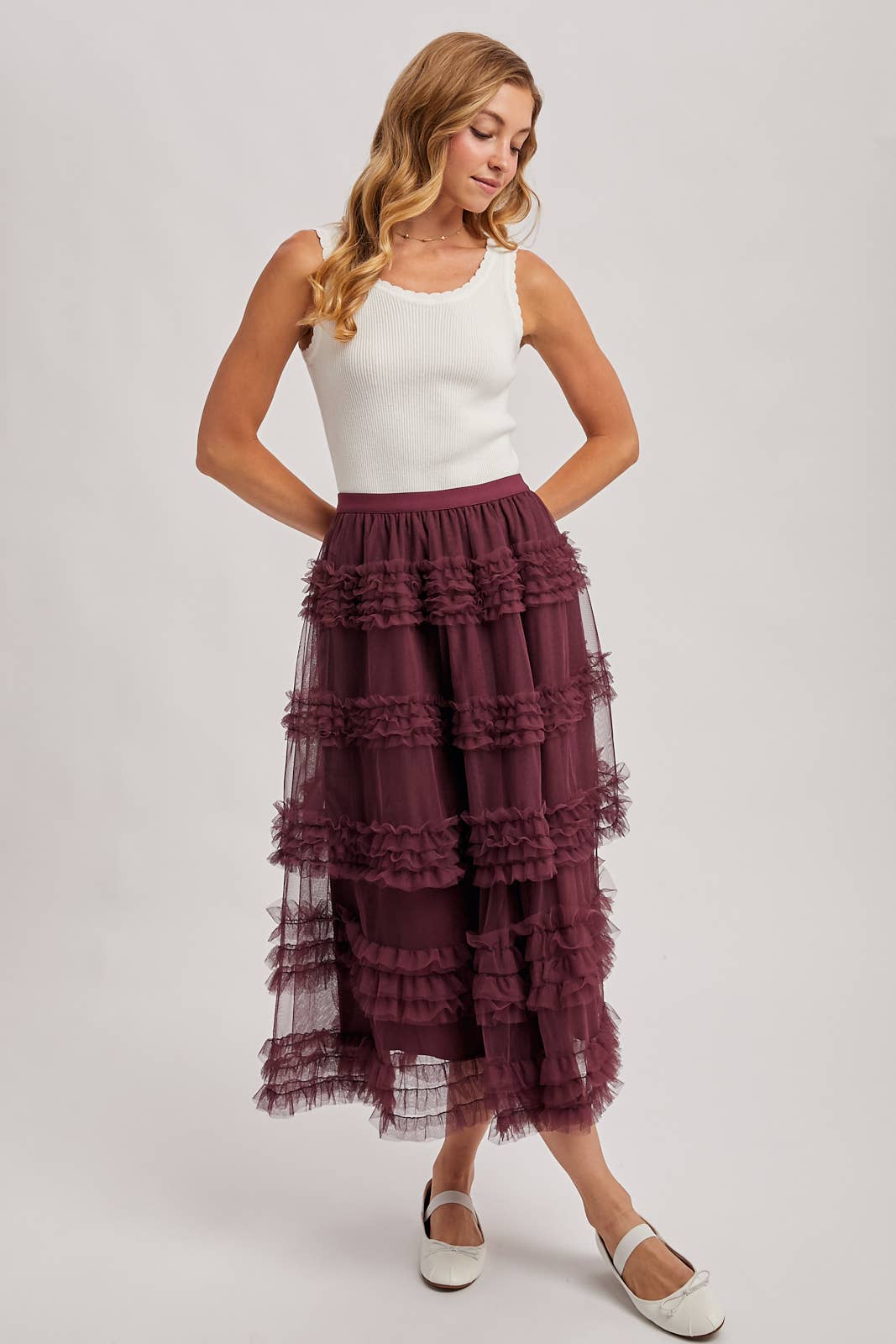ROMANTIC RUFFLE TIERED TULLE MIDI SKIRT
