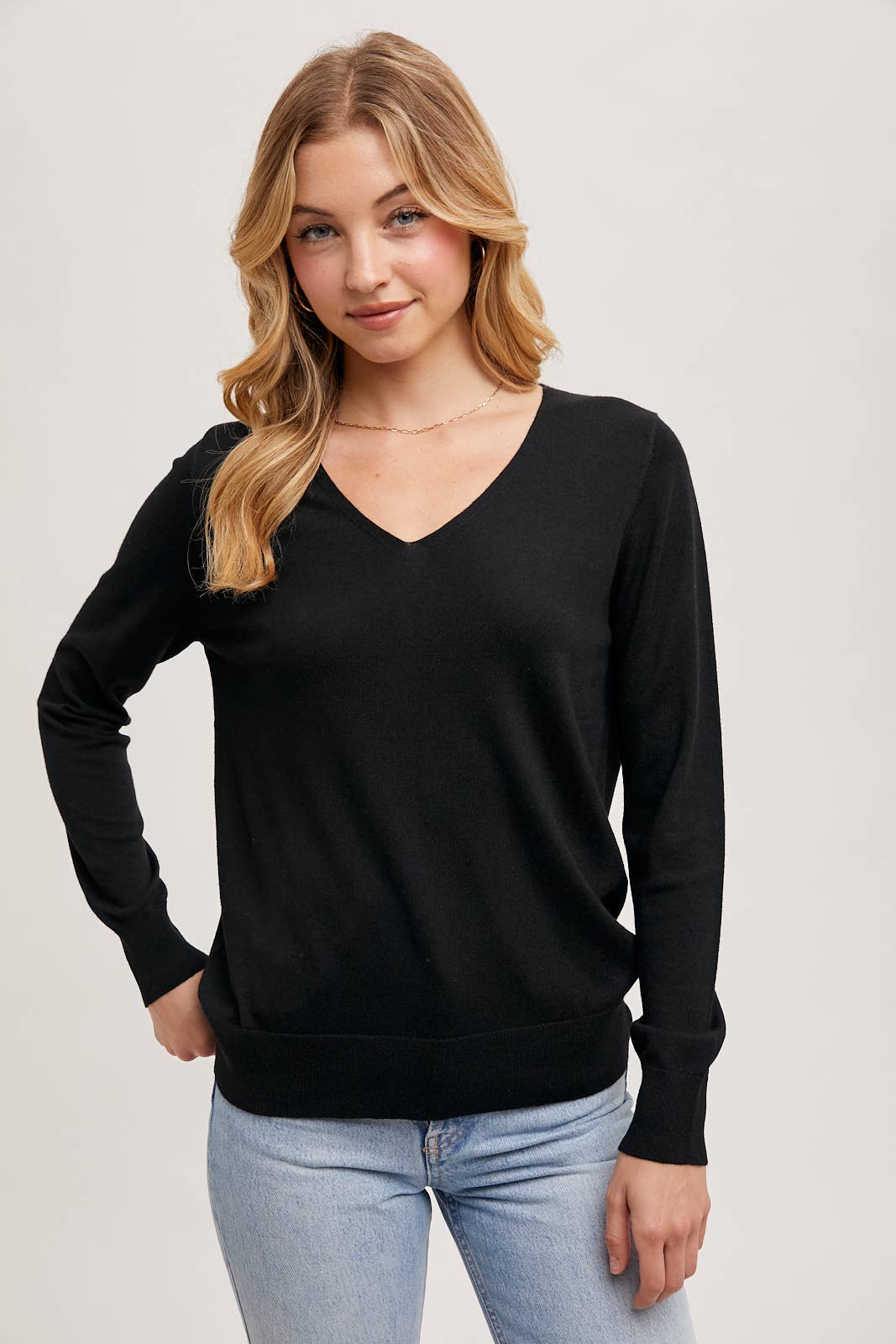 V-Neck Knit Pullover Long Sleeve Top