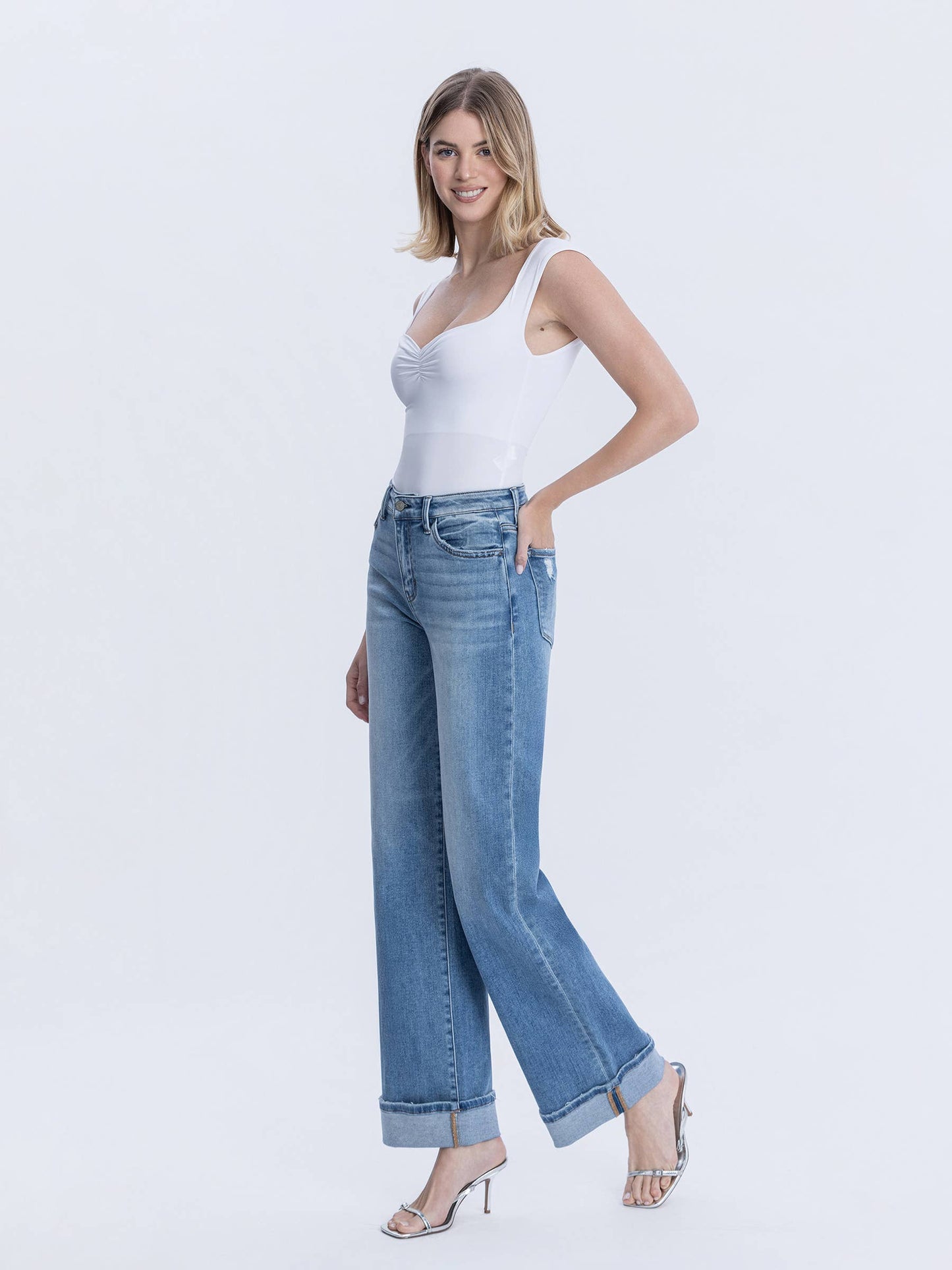 Full Length Wide Leg Cuffed Jeans