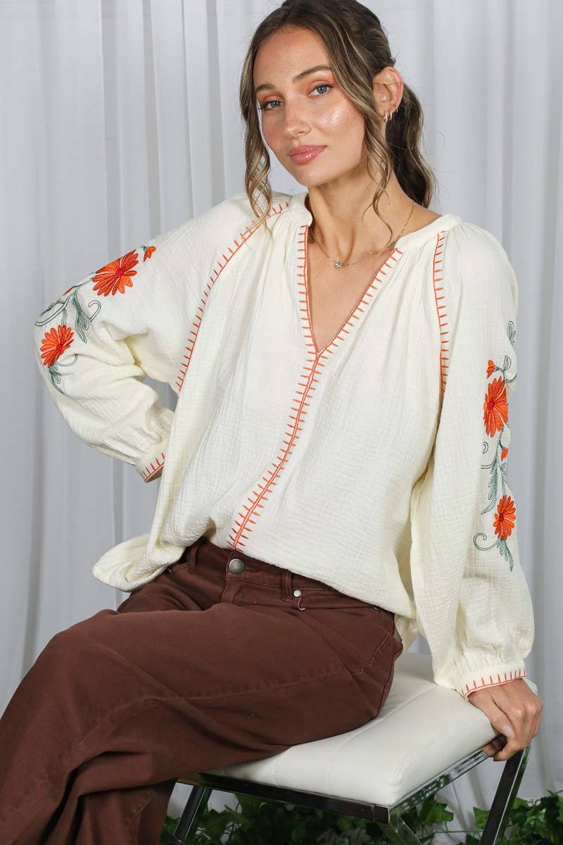 Floral Embroidered Gauze Blouse