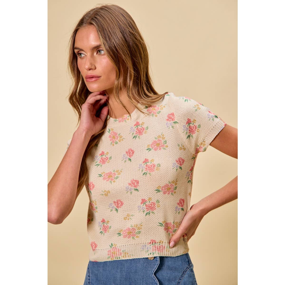 Floral Print Short Sleeve Sweater