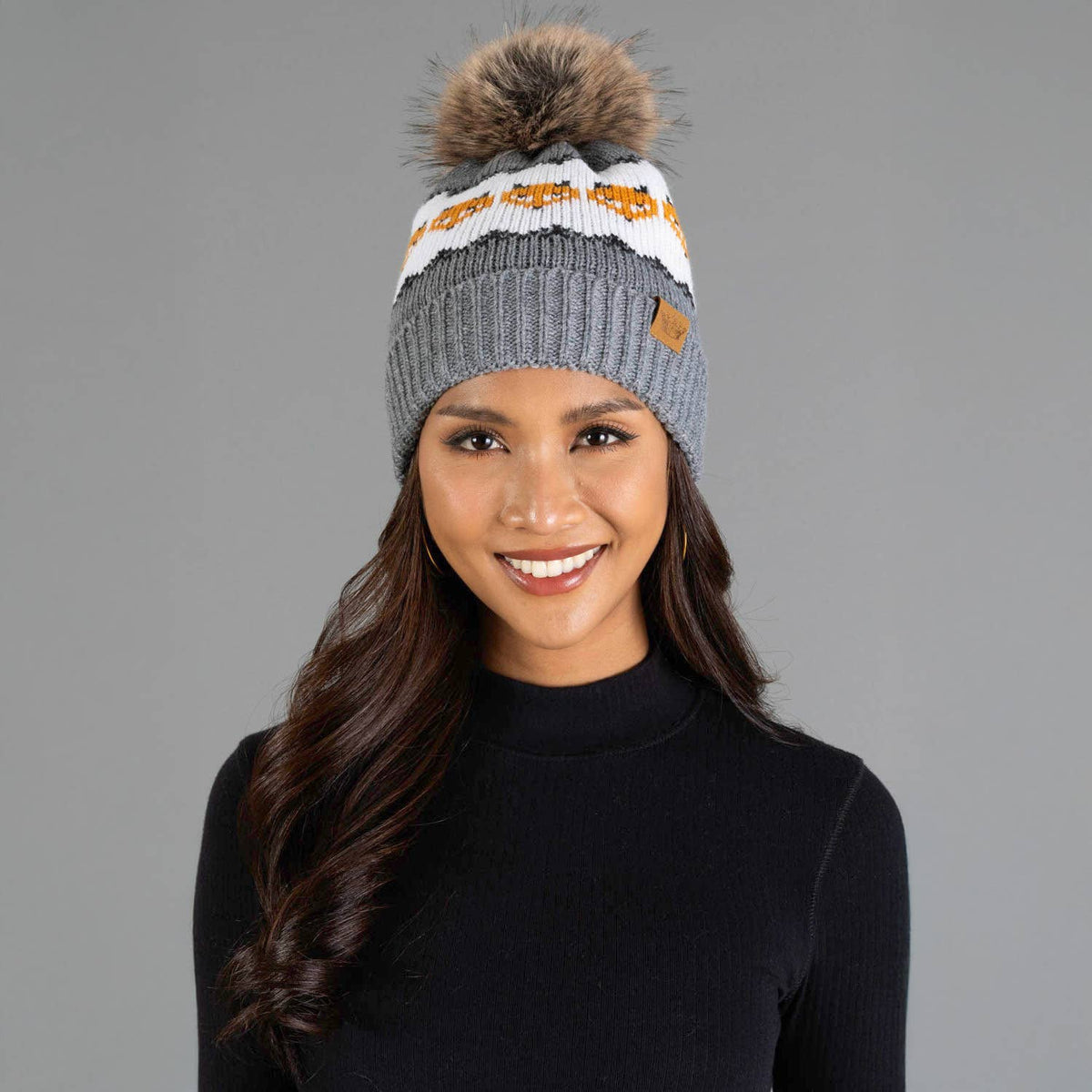 Gray with Orange Fox Pattern Knit Pom Hat