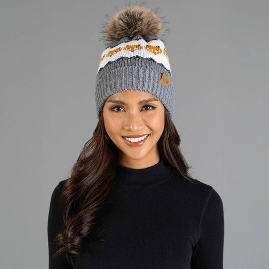 Gray with Orange Fox Pattern Knit Pom Hat