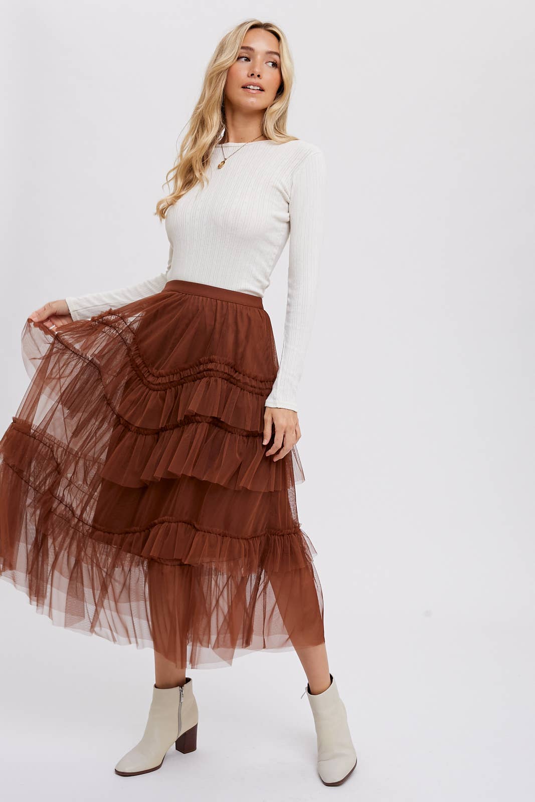 Tiered Ruffled Tulle Midi Skirt