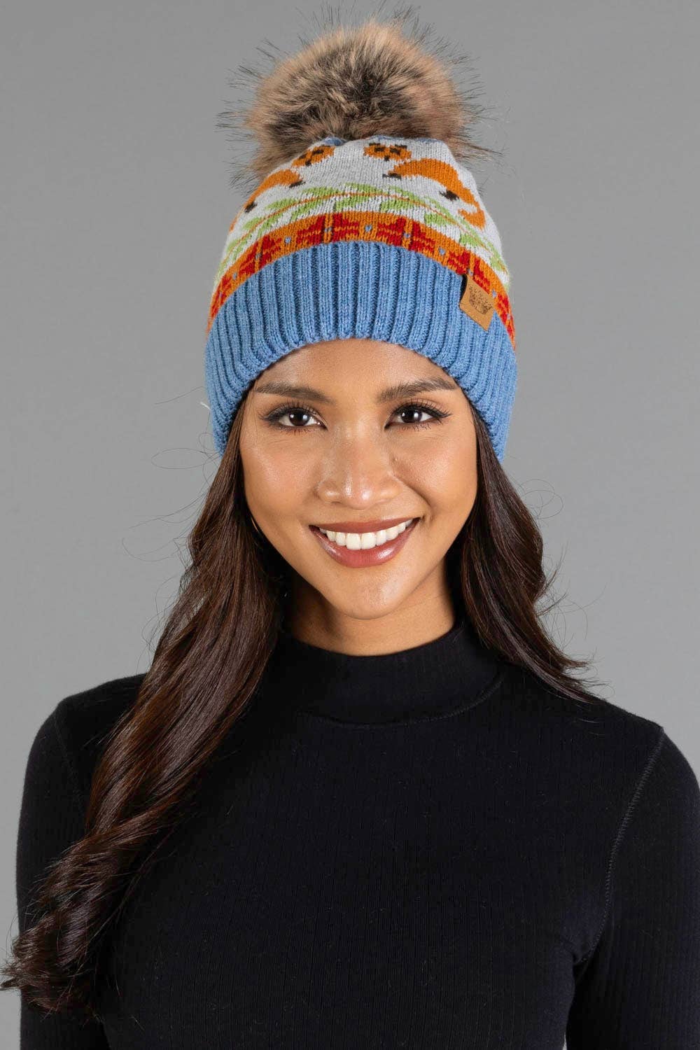 Blue Fox Pattern Knit Pom Hat