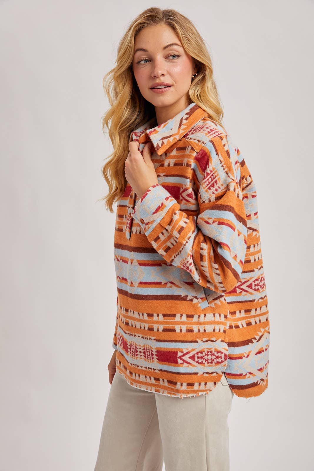 WESTERN GEOMETRIC PRINT HALF-BUTTON DOWN SHACKET PULLOVER