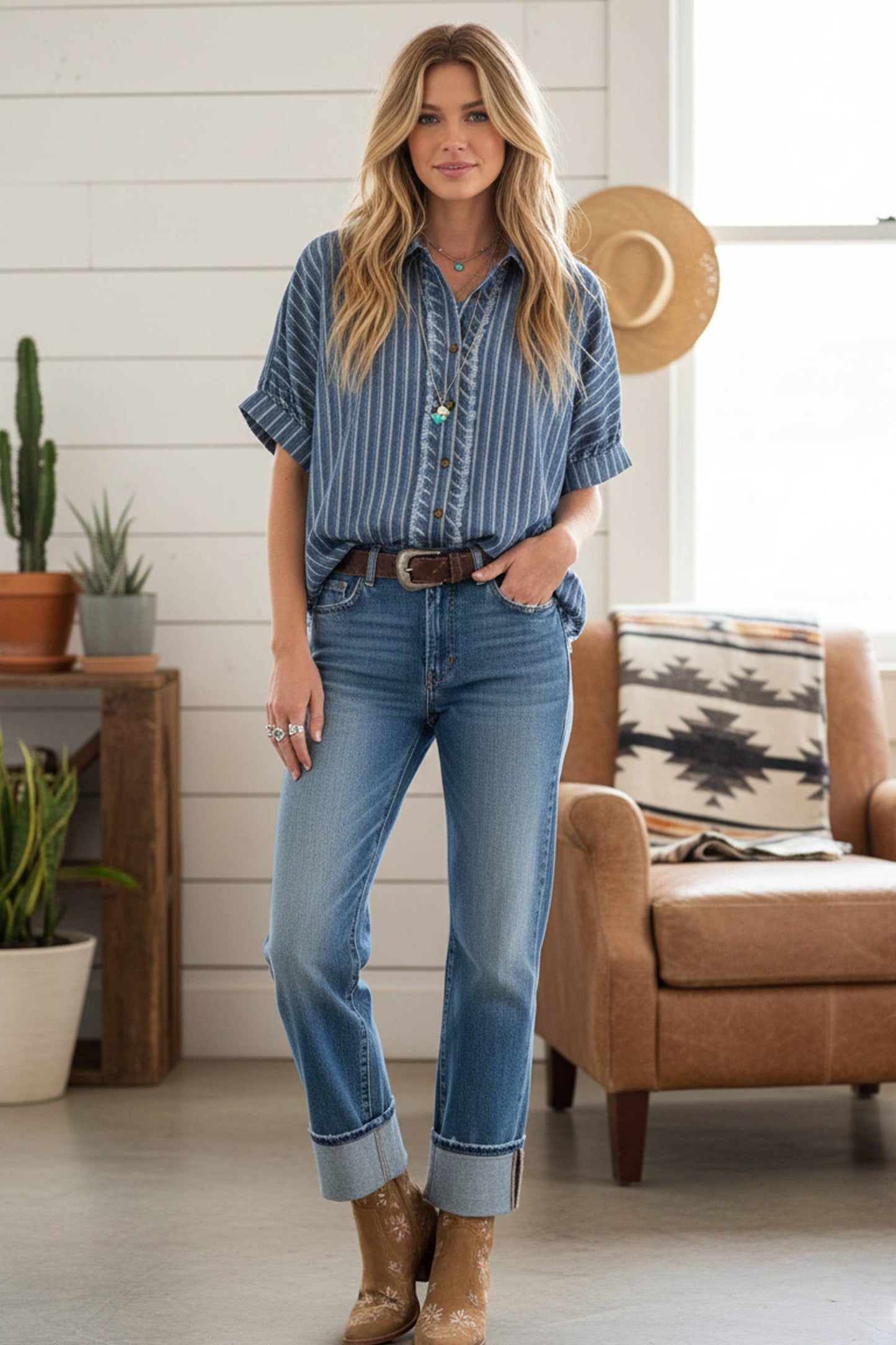 Denim Striped Button Down Top