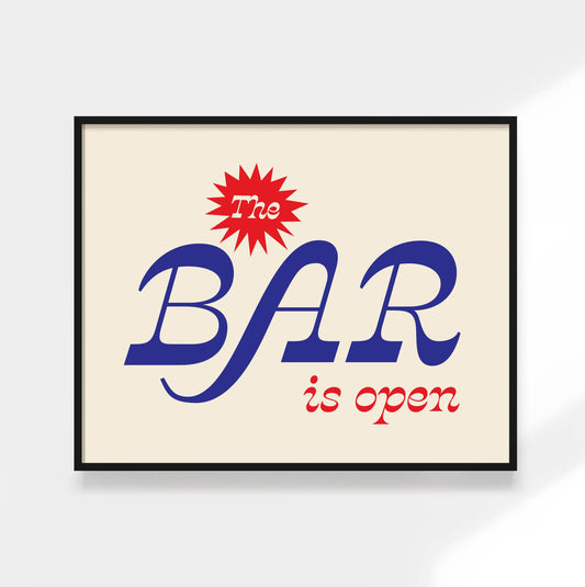 The Bar is Open Print. Funky Kitchen Art, Colorful Bar Cart