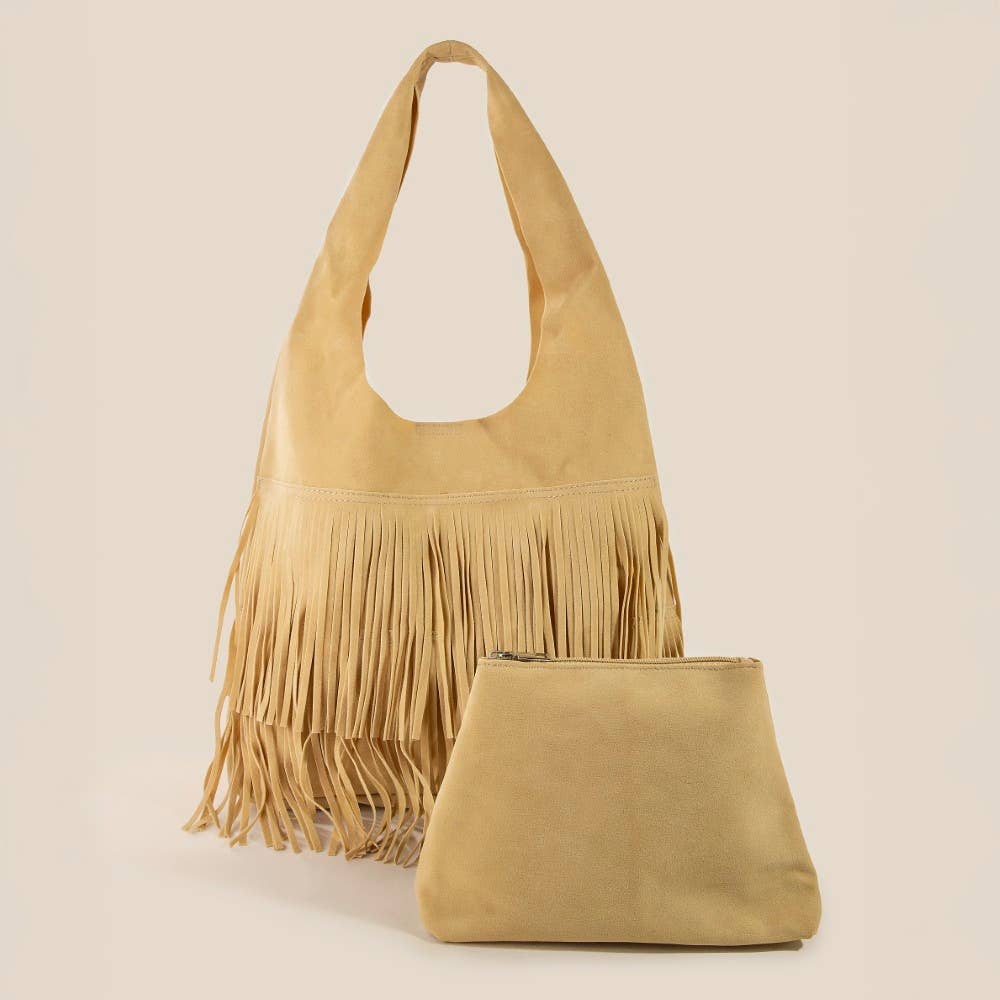 Layered Fringe Detail Suede Hobo Bag