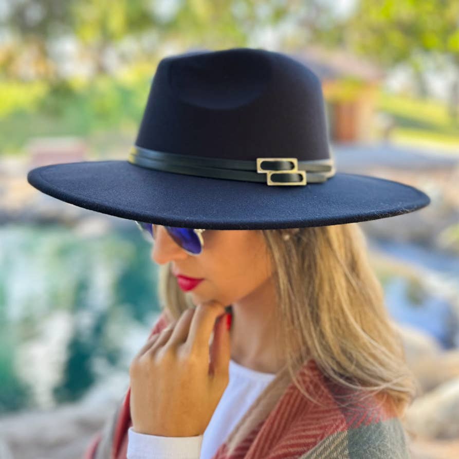 Black Fedora with Double Buckle Trim