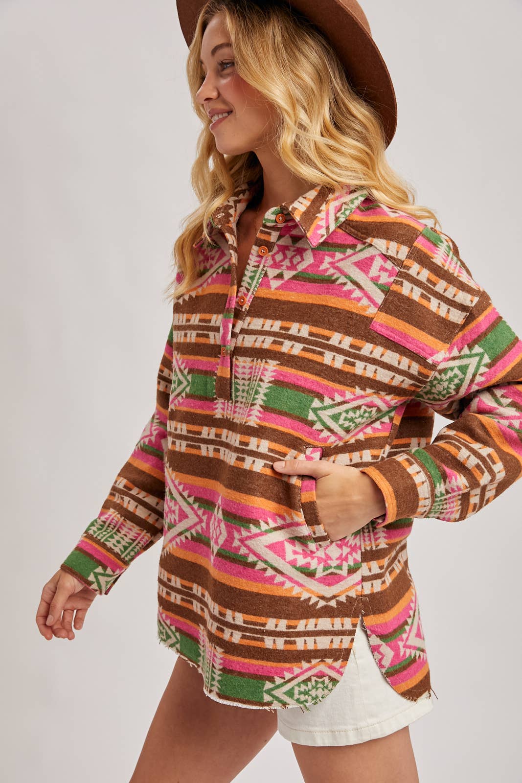 WESTERN GEOMETRIC PRINT HALF-BUTTON DOWN SHACKET PULLOVER