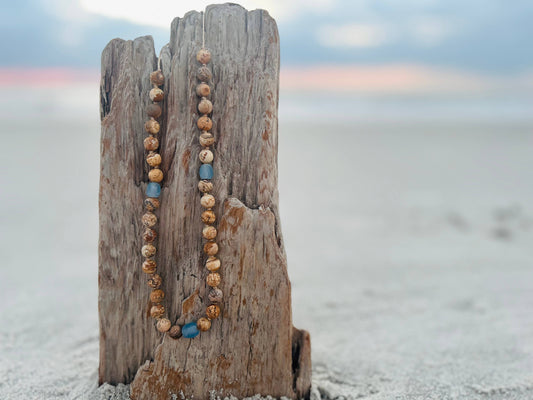 Picture Jasper & Recycled Glass Adjustable Beaded Necklace