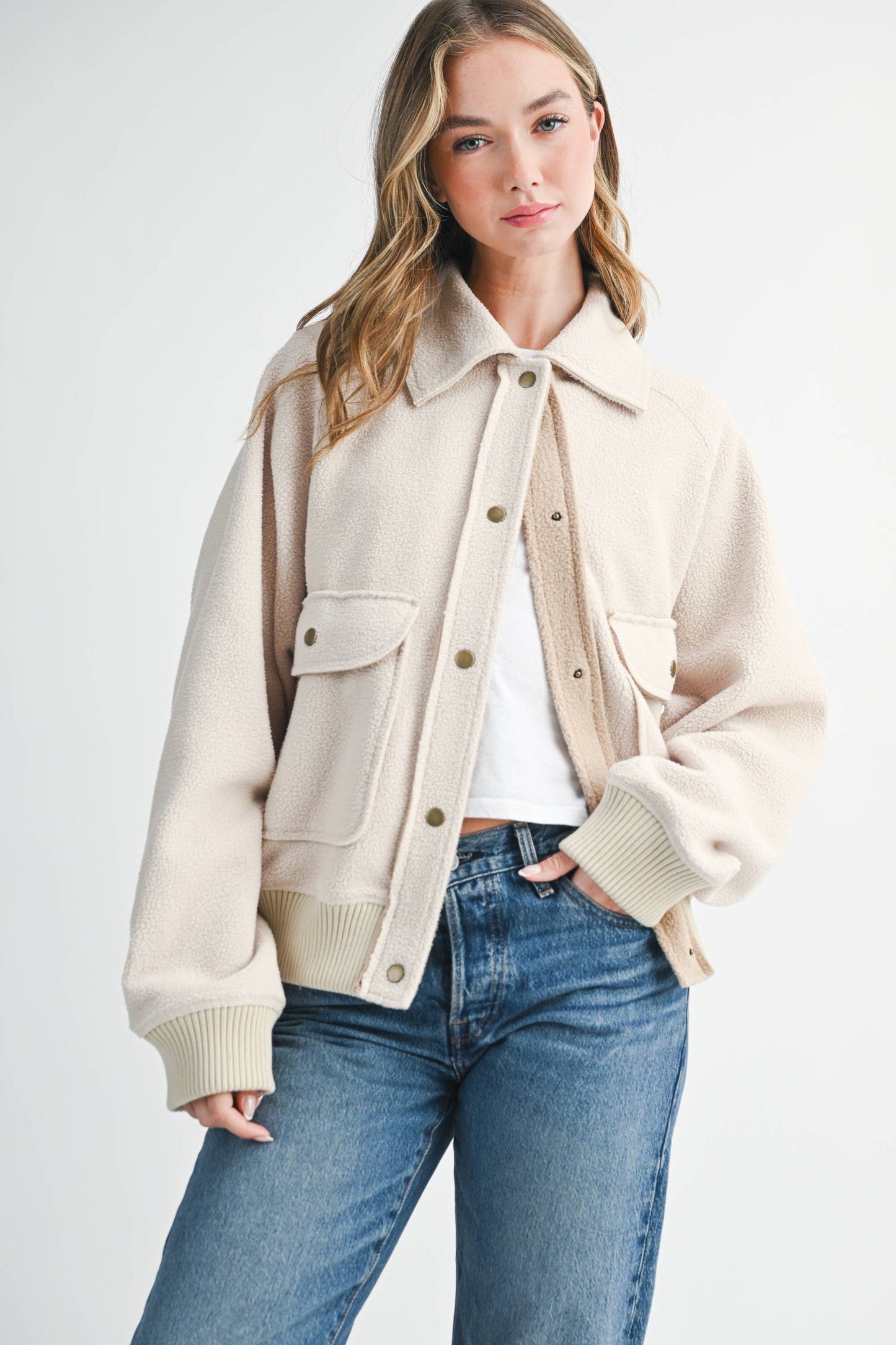 Cropped Button-Up Fleece Jacket