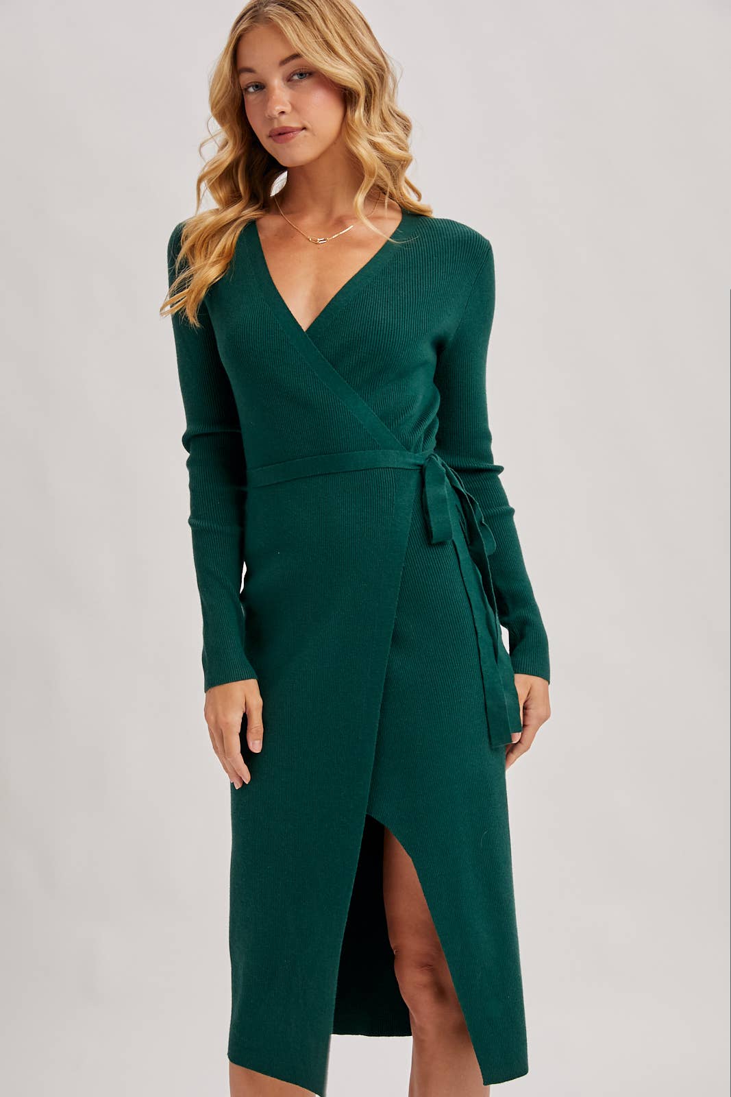 Ribbed Knit V-Neck Wrapped Midi Dress