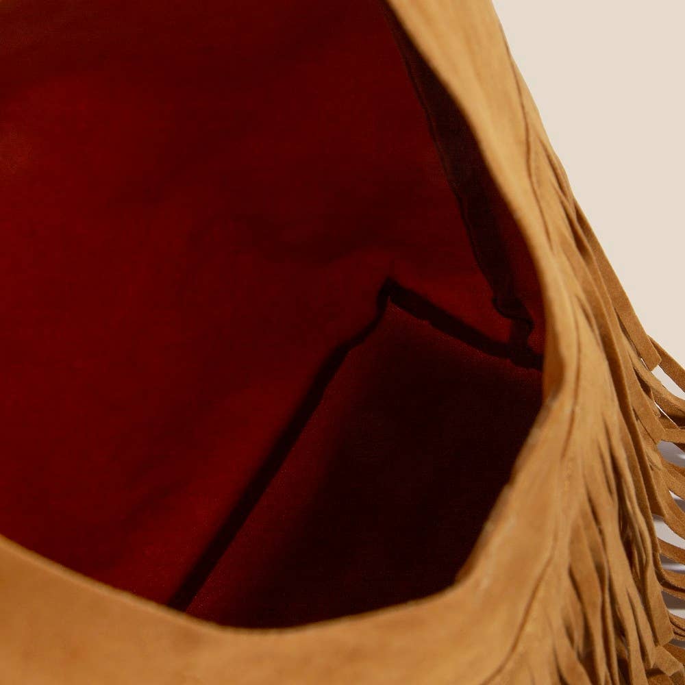 Layered Fringe Detail Suede Hobo Bag