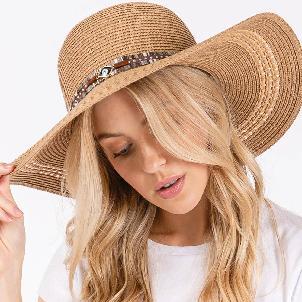 Wide Brim Straw Sun Hat with Evil Eye and Multi Design Band