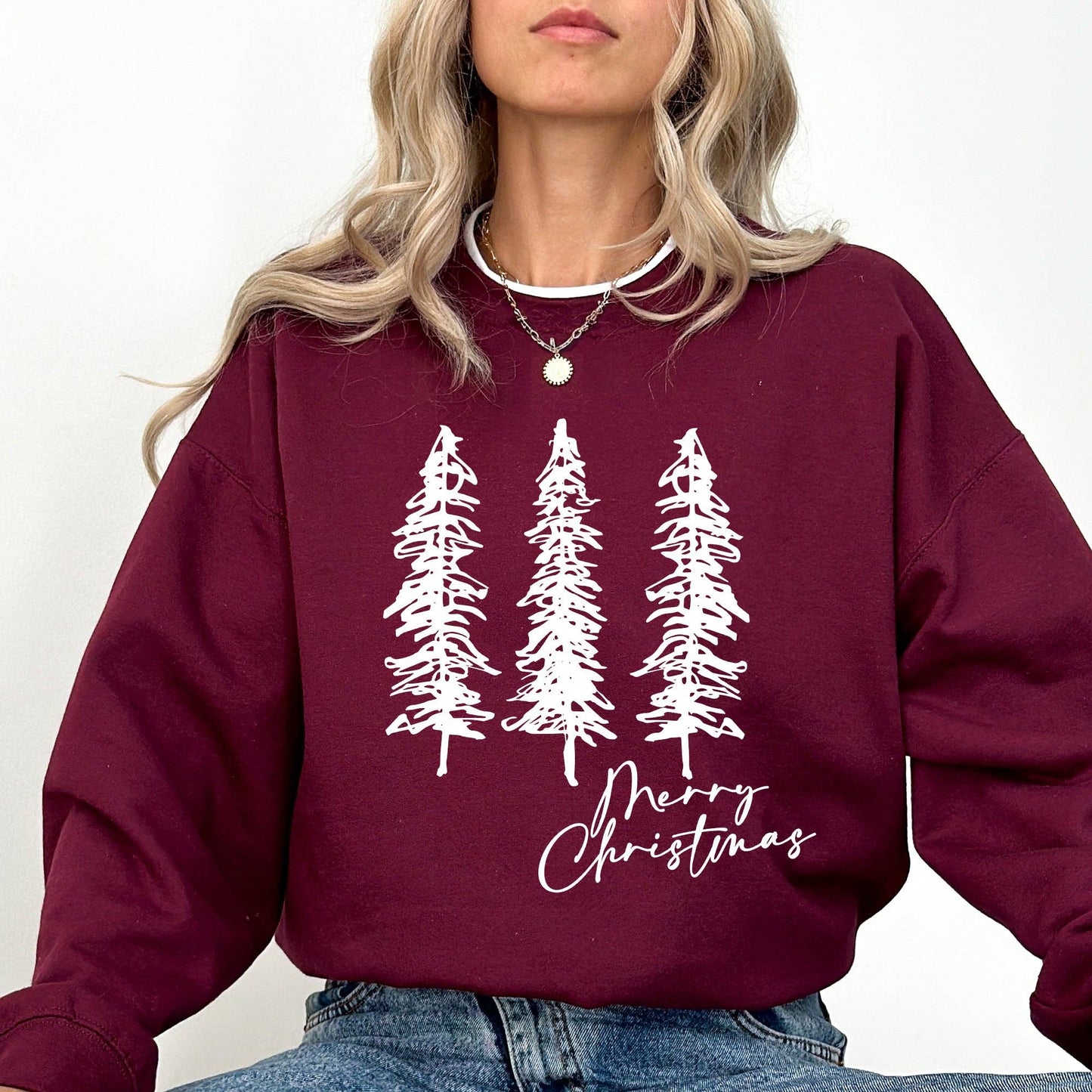 Merry Christmas Sketched Pine Trees Sweater