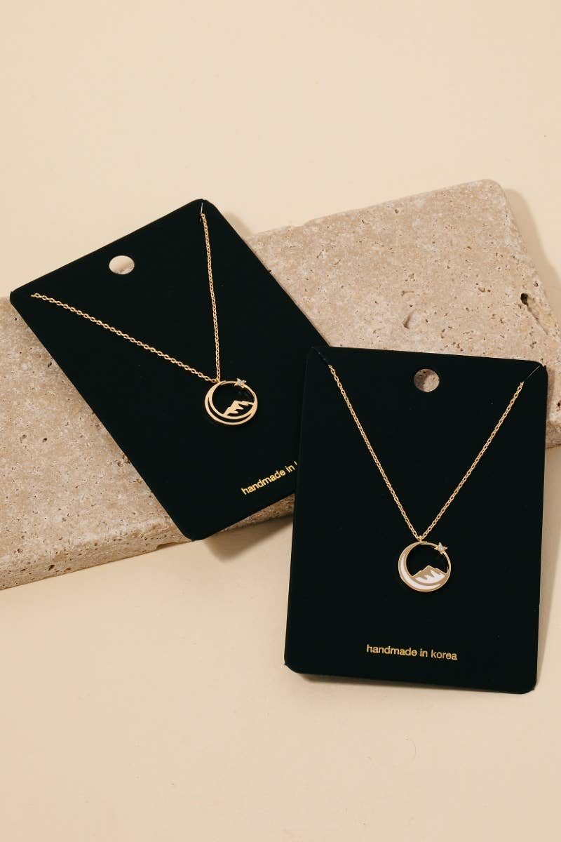 Enamel Moon Mountain And Cz Star Pendant Necklace