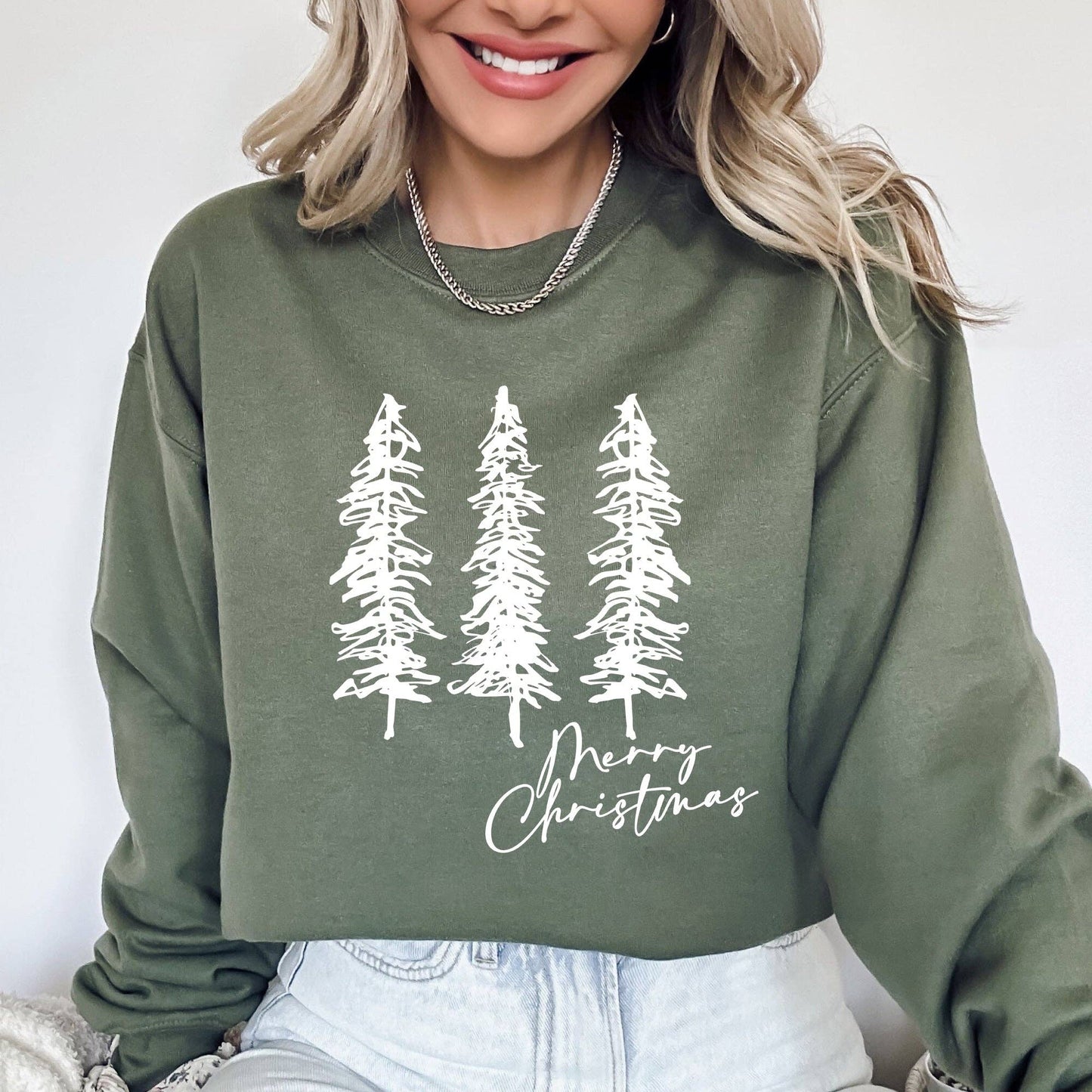 Merry Christmas Sketched Pine Trees Sweater